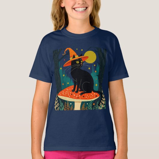 A Little Black Witchy Cat Sitting On A Toadstool Tシャツ (正面)