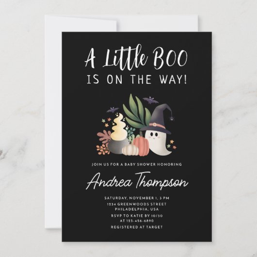 A Little Booがハロウィーンの赤ちゃんシャワーを途中で行く 招待状 (正面)