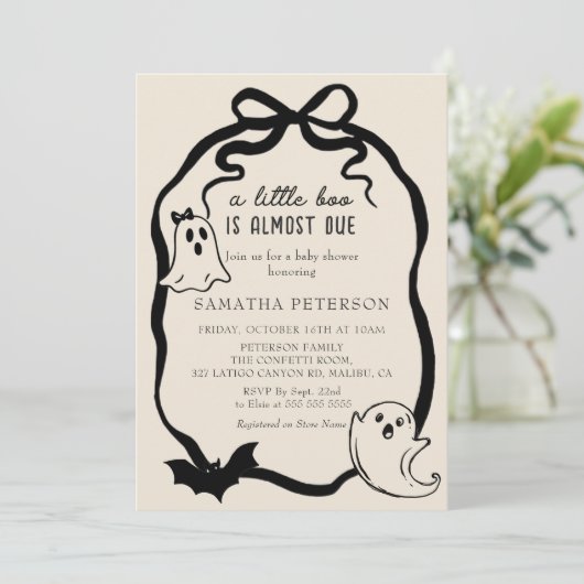 A Little boo is almost due Bow baby shower 招待状 (スタンド正面)