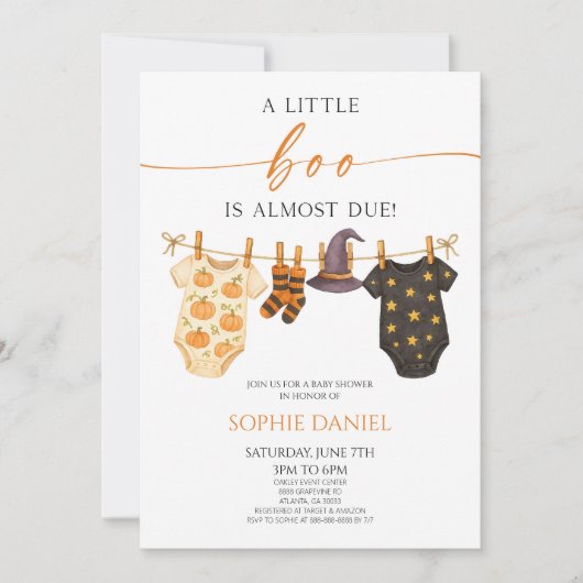 A Little Boo Is Almost Due! Halloween Baby Shower 招待状 (正面)