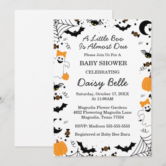 A Little Boo Is Almost Due Halloween Baby Shower 招待状 (正面/裏面)