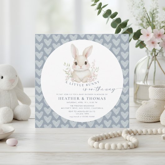 A Little Bunny Dusty Blue QR Code Baby Shower 招待状
