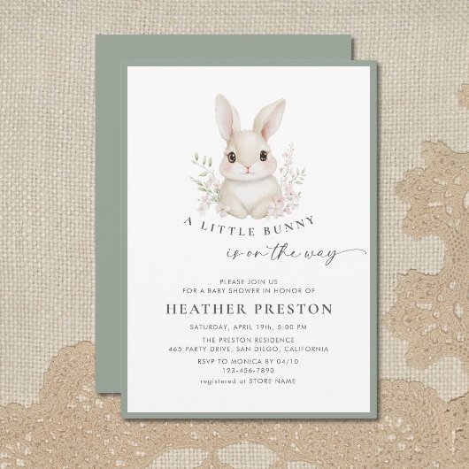 A Little Bunny Elegant Sage Green Baby Shower 招待状
