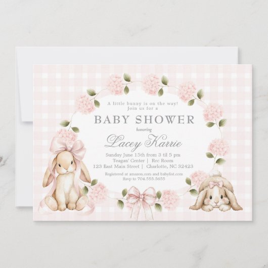 A little bunny is on the way, bunny baby shower 招待状 (正面)