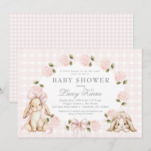 A little bunny is on the way, bunny baby shower 招待状 (正面/裏面)