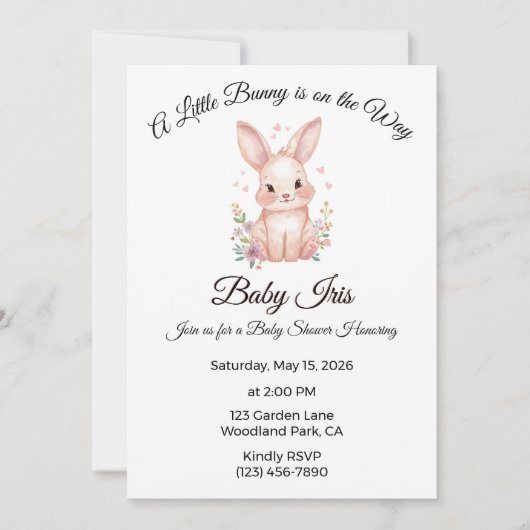 A Little Bunny is on the Way Pink Girl Baby Shower 招待状 (正面)