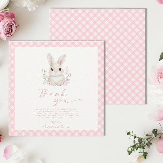 A Little Bunny Pink Gingham Baby Shower サンキューカード