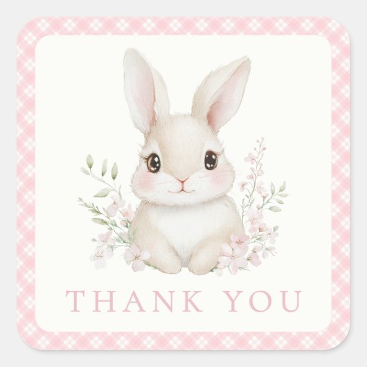A Little Bunny Pink Gingham Baby Shower スクエアシール (正面)