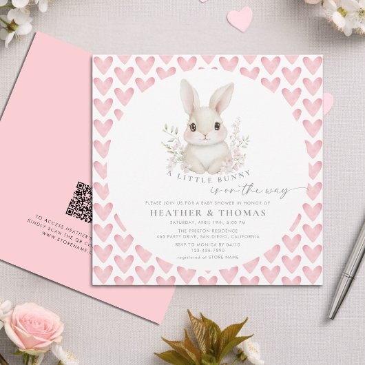 A Little Bunny Pink QR Code Baby Shower 招待状