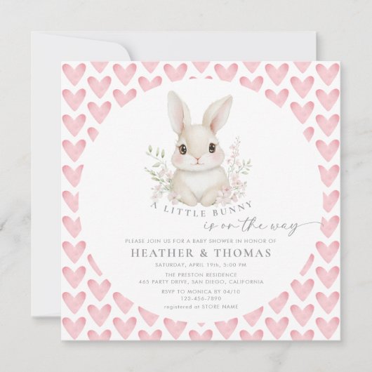 A Little Bunny Pink QR Code Baby Shower 招待状 (正面)