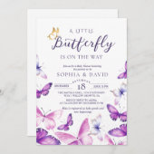 A Little Butterfly Gold & Purple Baby Shower  招待状 (正面/裏面)