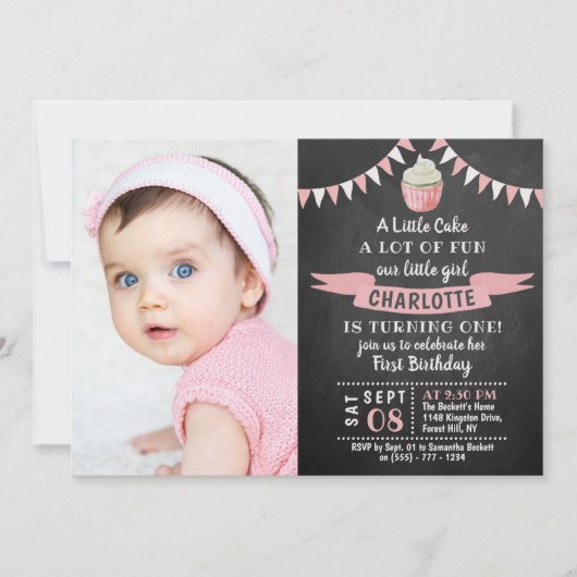 A Little Cake Chalkboard写真1st Birthday 招待状 (正面)