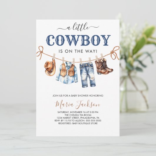 A Little Cowboy Wild West Blue boy Baby Shower 招待状 (スタンド正面)