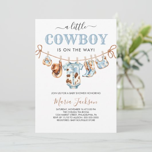 A Little Cowboy Wild West Blue Cowboy Baby Shower 招待状 (スタンド正面)