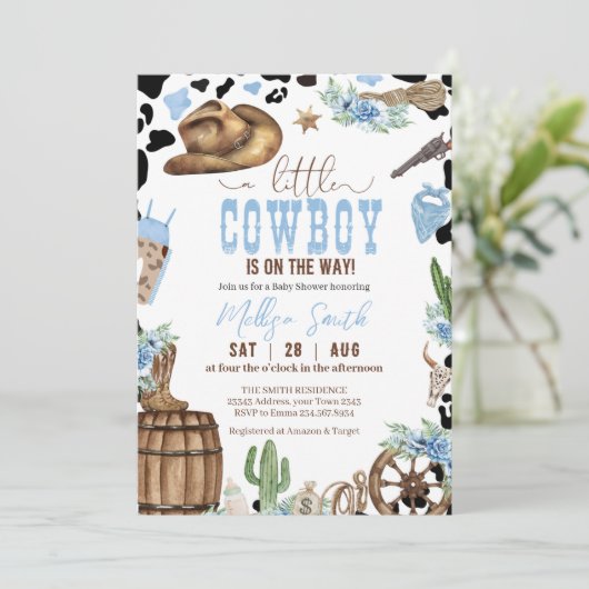 A Little Cowboy Wild Western Boy Blue Baby Shower 招待状 (スタンド正面)