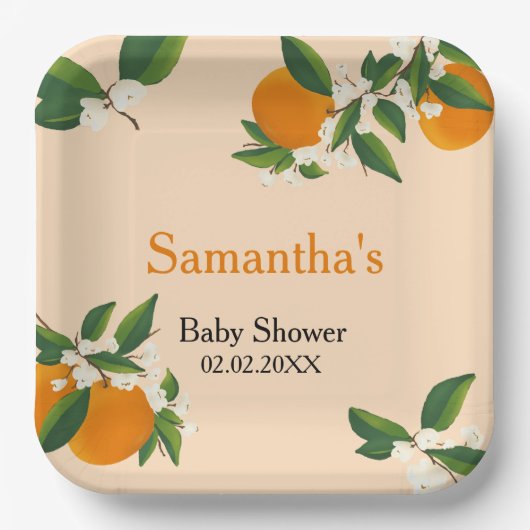 A Little Cutie Orange Baby Shower Paper Plate ペーパープレート (正面)