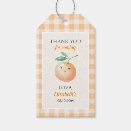 A Little Cutie Orange Gingham Citrus Baby Shower ギフトタグ (正面)