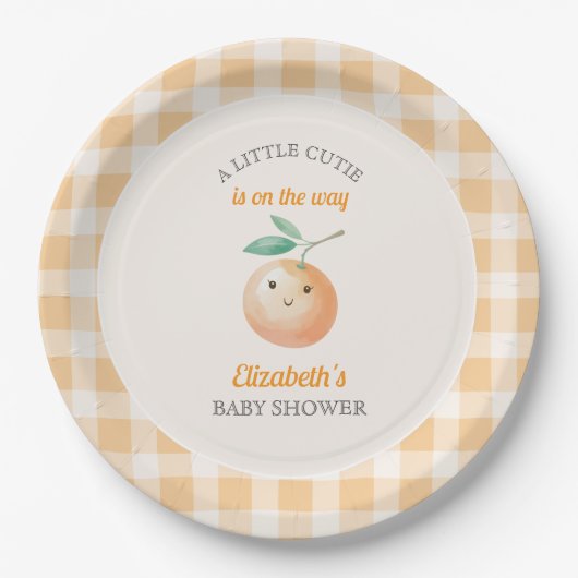 A Little Cutie Orange Gingham Citrus Baby Shower ペーパープレート (正面)