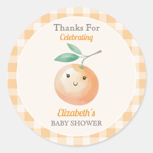 A Little Cutie Orange Gingham Citrus Baby Shower ラウンドシール (正面)
