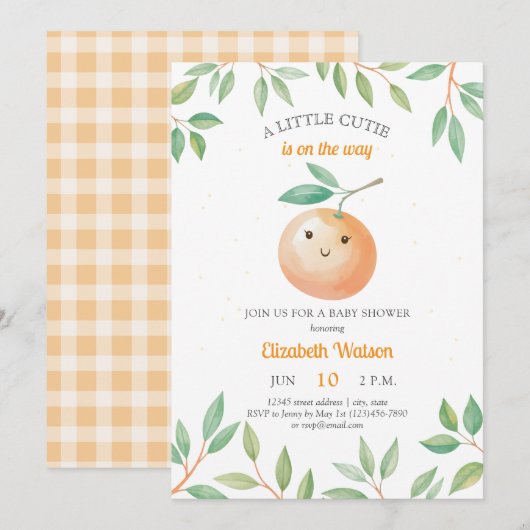 A Little Cutie Orange Gingham Citrus Baby Shower 招待状 (正面/裏面)