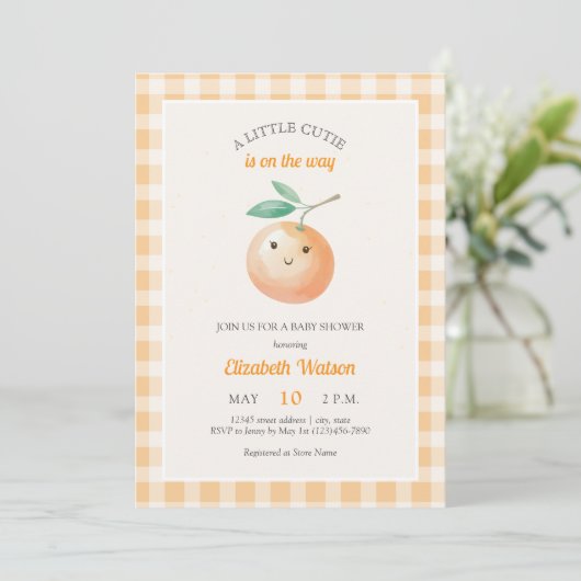 A Little Cutie Orange Gingham Citrus Baby Shower 招待状 (スタンド正面)
