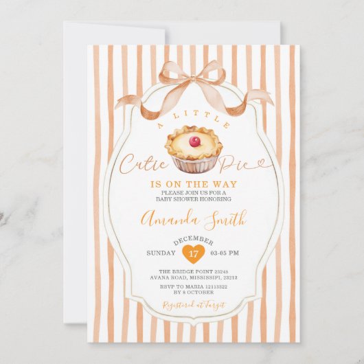 A Little Cutie Pie Stripes Bow Baby Shower 招待状 (正面)