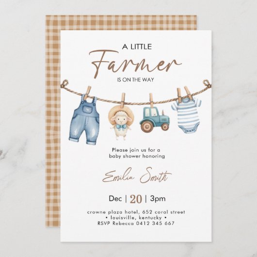 A little Farmer Baby Clothesline Baby shower 招待状 (正面/裏面)