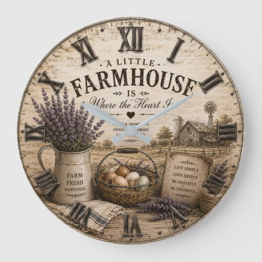 A Little Farmhouse Is Where the Heart Is Lavender ラージ壁時計 (正面)