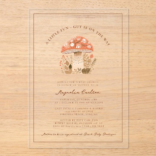 A Little Fun Guy Mushroom Fall Baby Shower アクリル招待状 (正面)