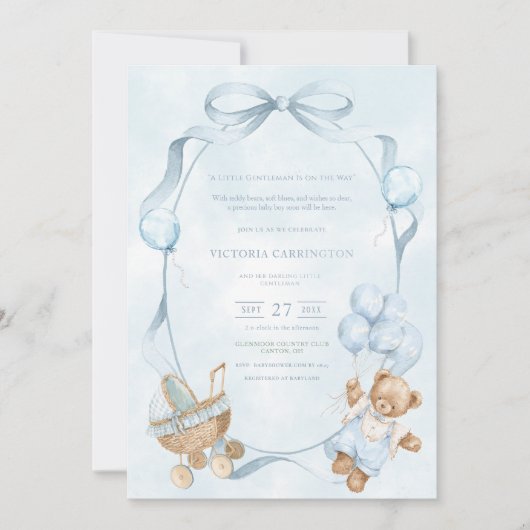 A Little Gentleman Blue Balloon Bear Baby 招待状 (正面)