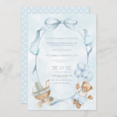 A Little Gentleman Blue Balloon Bear Baby 招待状 (正面/裏面)