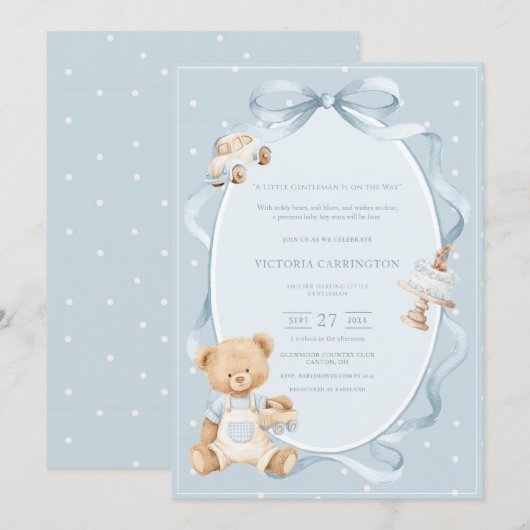 A Little Gentleman Blue Boy Bear Baby  招待状 (正面/裏面)