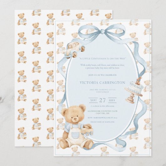 A Little Gentleman Blue Boy Bear Baby  招待状 (正面/裏面)