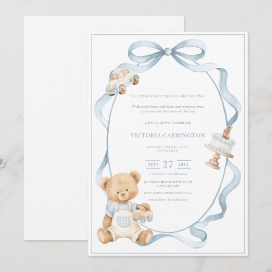 A Little Gentleman Blue Boy Bear Baby  招待状 (正面/裏面)