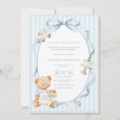 A Little Gentleman Blue Boy Bear Stripe Baby  招待状 (正面)