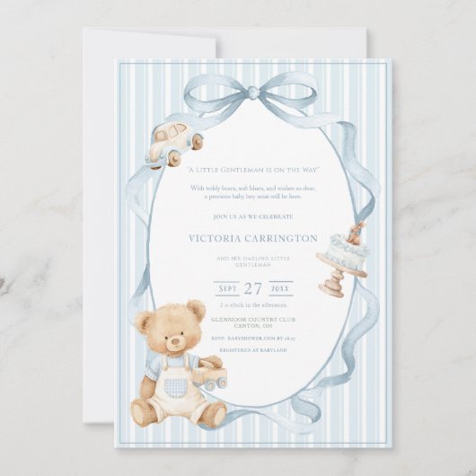 A Little Gentleman Blue Boy Bear Stripe Baby 招待状 (正面)