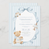 A Little Gentleman Blue Boy Bear Stripe Baby  招待状 (正面/裏面)