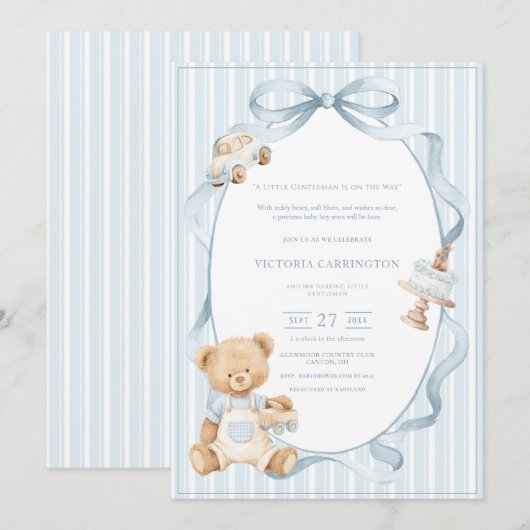 A Little Gentleman Blue Boy Bear Stripe Baby  招待状 (正面/裏面)