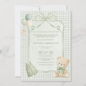 A Little Gentleman Green Boy Bear Baby Shower 招待状 (正面)