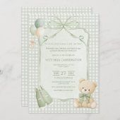 A Little Gentleman Green Boy Bear Baby Shower 招待状 (正面/裏面)