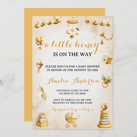 A Little Honey Bee Gender Neutral Baby Shower 招待状 (正面/裏面)