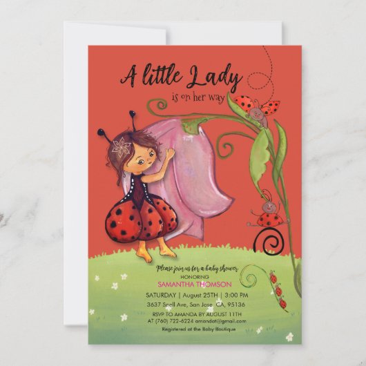 A Little Lady is on Her Way Red Ladybug Invitation 招待状 (正面)