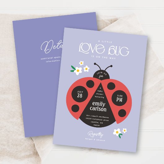 A Little Love Bug Purple Baby Girl Shower 招待状