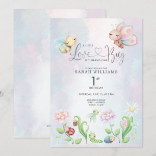 A Little Love Bug Water Color Girl 1st Birthday 招待状