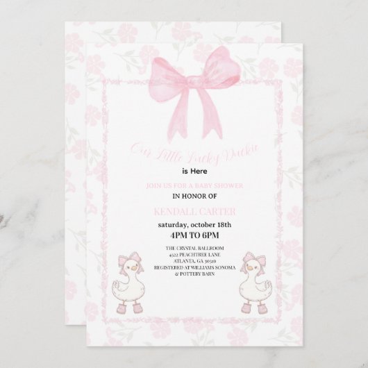 A Little Lucky Duckie Pink Bow Floral Baby Shower 招待状 (正面/裏面)