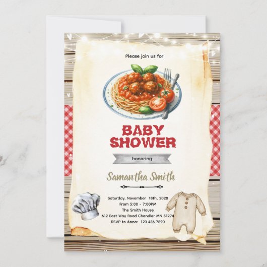 A Little Meatball pasta Baby Shower Invitation 招待状 (正面)