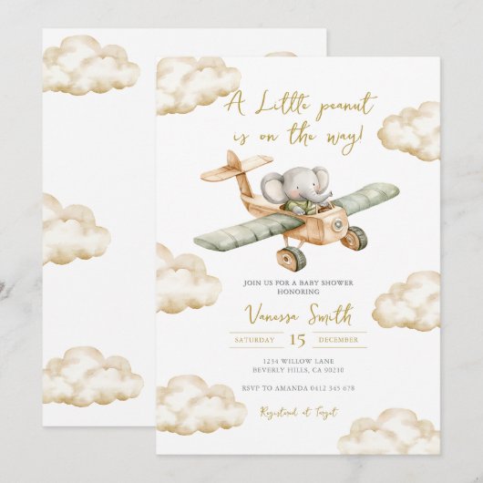 A Little Peanut is on the Way Elephant Baby Shower 招待状 (正面/裏面)