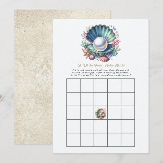 A Little Pearl Coastal Baby Shower Bingo Game 招待状 (正面/裏面)