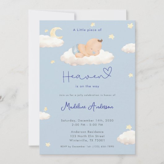 A Little Piece of Heaven Clouds Baby Boy Shower 招待状 (正面)
