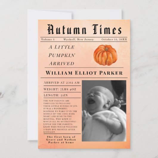 A little pumpkin arrived Autumn Birth Announcement 案内状 (正面)